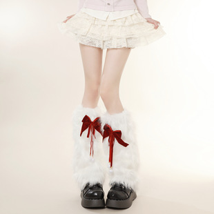 圣诞新年甜美毛绒腿套秋冬y2k丝绒蝴蝶结堆堆袜子Lolita毛绒袜套