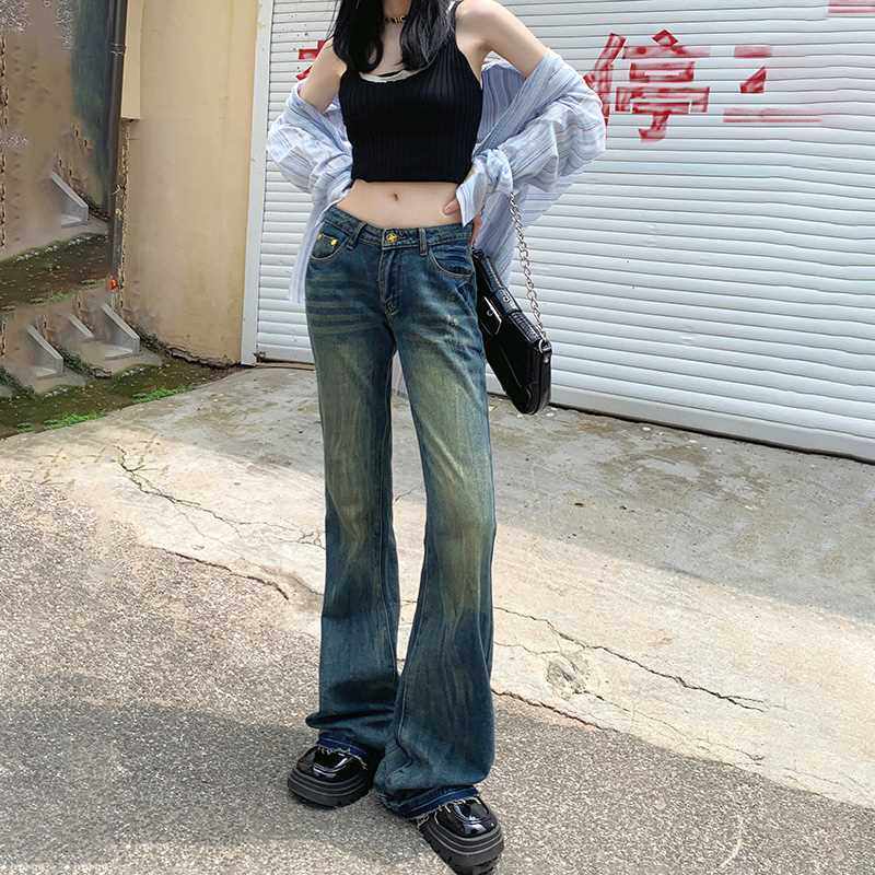 弄格美式复古辣妹低腰微喇叭牛仔裤女2023秋季新品显瘦毛边长裤子图片