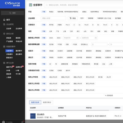 CVSource数据库终端投融资事件全部事件融资事件并购事件退出事件