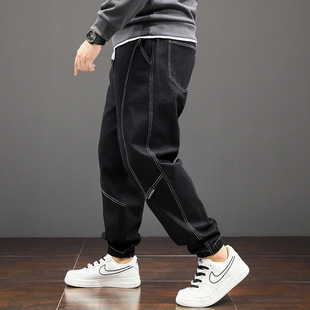 男装 弹力男裤 秋季 ins潮牌束脚牛仔裤 子黑 新品 300斤胖胖子星球大码