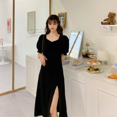 Large size fat sister show thin dress 2021 new summer temperament waist close split French fairy skirt black skirt