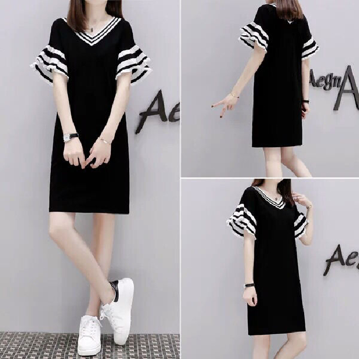 Summer new women's wear loose and thin collar dress medium length petal sleeve skirt small black skirt