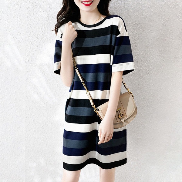 Striped dress 2021 summer new Korean version loose and thin medium length over knee short sleeve T-shirt