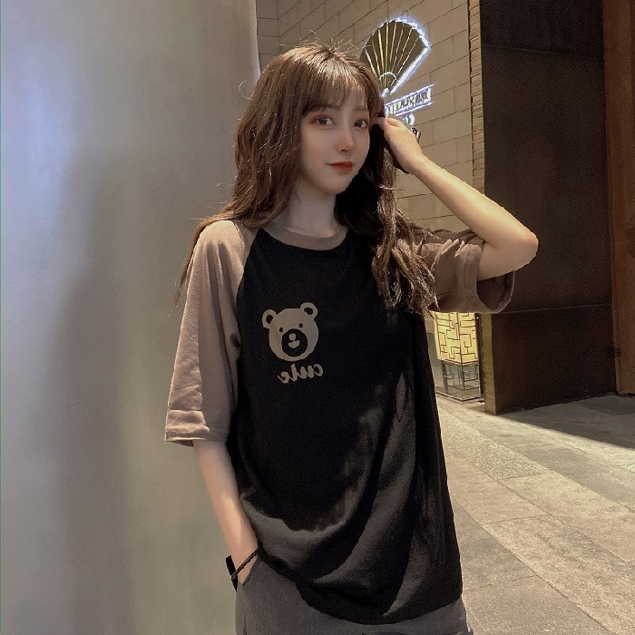 Official picture cotton super fire bear print stitching contrast loose medium length Short Sleeve T-Shirt Top