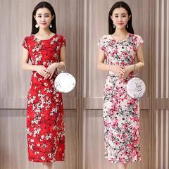 New spring and summer lady waist up improved cheongsam temperament Chiffon Dress print with slim skirt