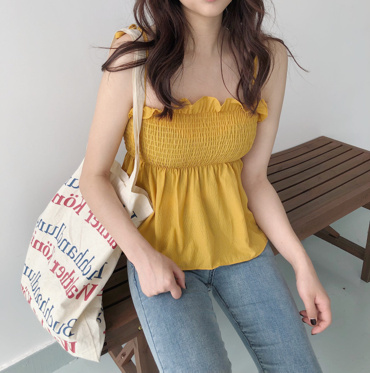 Summer new Chiffon Top sweet sleeveless ear edge pleated bra waist closed baby shirt suspender vest women's fashion