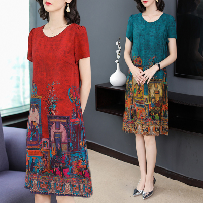 Imitation silk dress summer new wide lady short sleeve Hangzhou ice silk refreshing brand belly covering medium long skirt