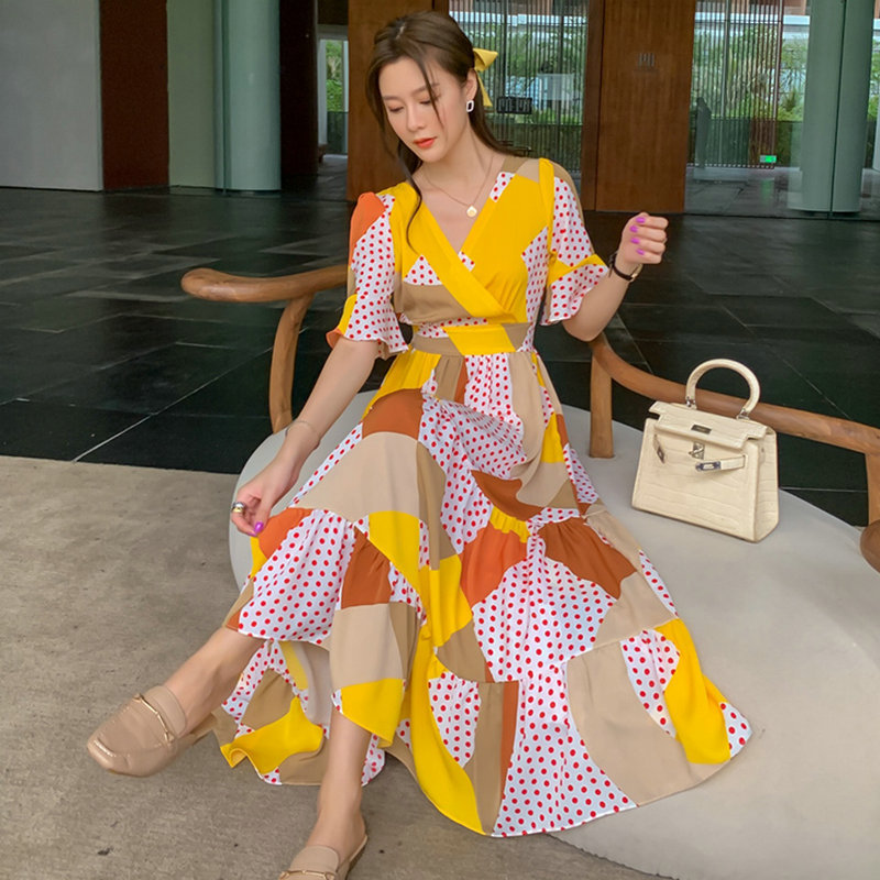 Summer new style temperament design feeling gathered waist Ruffle chiffon dress women's yellow dot print dress