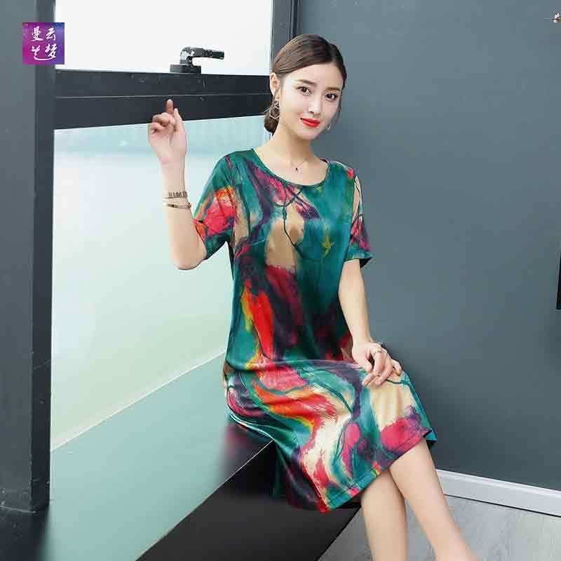 Middle aged and elderly women's summer short sleeve silk gauze dress women's long mother dress