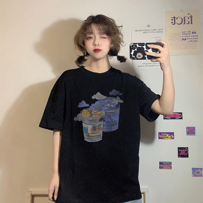 韓版2021新款寬鬆時尚個性印花圓領學生百搭短袖T恤上衣女裝
