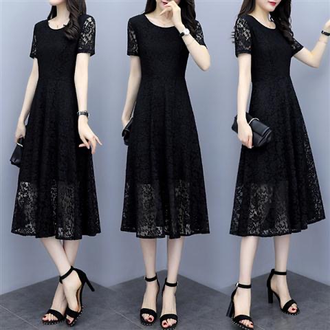 French dress shows thin temperament 2020 black summer new Lace Waist Size big lady age reduction cover belly