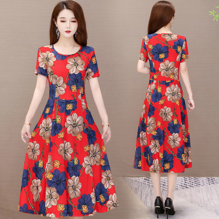 2021 summer new lady's ice silk short sleeve Printed Dress mother's dress loose and fashionable long skirt