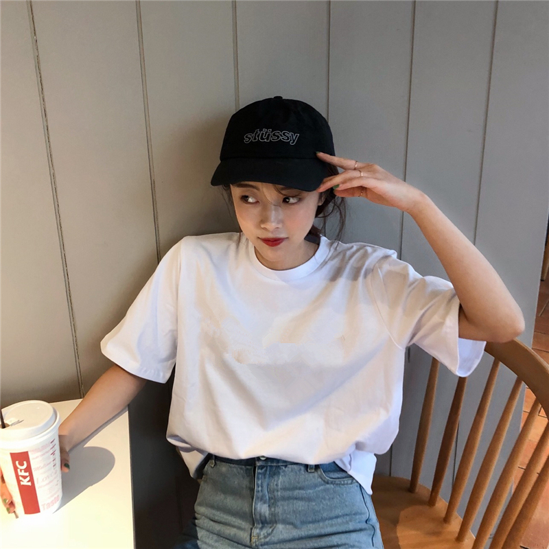 Versatile solid color short sleeve T-shirt women's loose white T-shirt underlayer student round neck