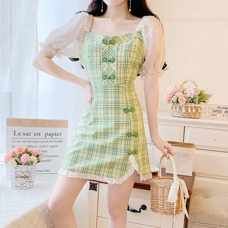 Summer new Korean retro cheongsam improved dress femininity square neck bubble sleeve skirt