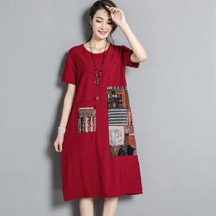 Summer ethnic style retro color contrast stitching printed short sleeve dress large size loose age reducing medium length skirt for women