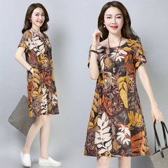 Large women's dress summer new fat temperament medium length ethnic print dress loose