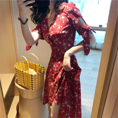 French red V-neck Floral Dress Holiday drawstring waist wrapped skirt for women early spring 2021