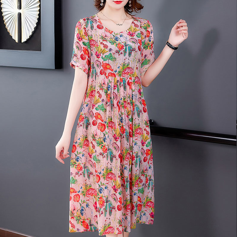 New style belly covering mother's silk like dress children's broken flowers mulberry ice silk lady middle aged and old