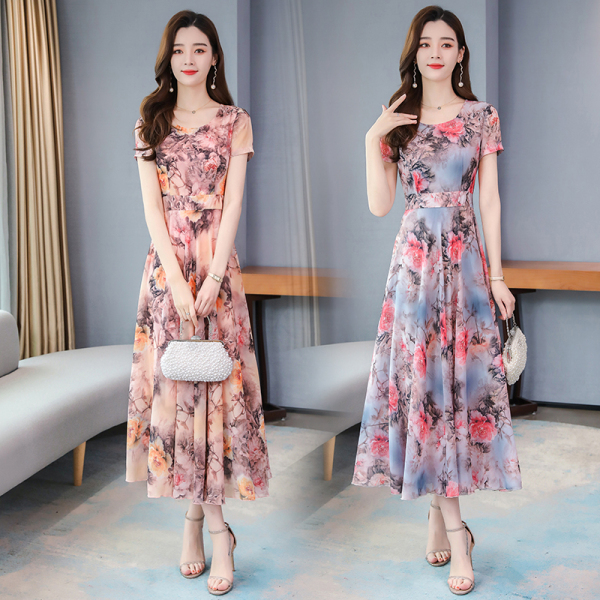 2021 spring and summer V-neck new fashion Korean ice silk print dress waist slim over knee super long skirt