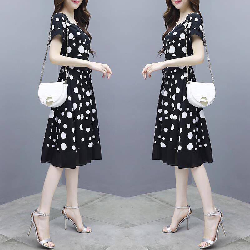 Polka dot dress women's mid long summer new Korean fashion temperament slim round neck skirt