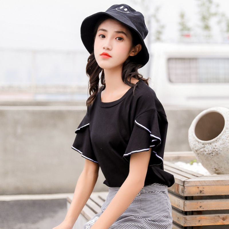官圖喇叭袖短袖恤女夏季韓版新款學生外貿上衣女裝