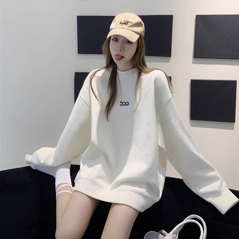 WHITE MID-LENGTH BUTTOCKS SWEATSHIRT WOMENS 2024 NEW POPULAR LOOSE ROUND NECK SPRING AUTUMN AND WINTER FLEECE THICKENED JACKET