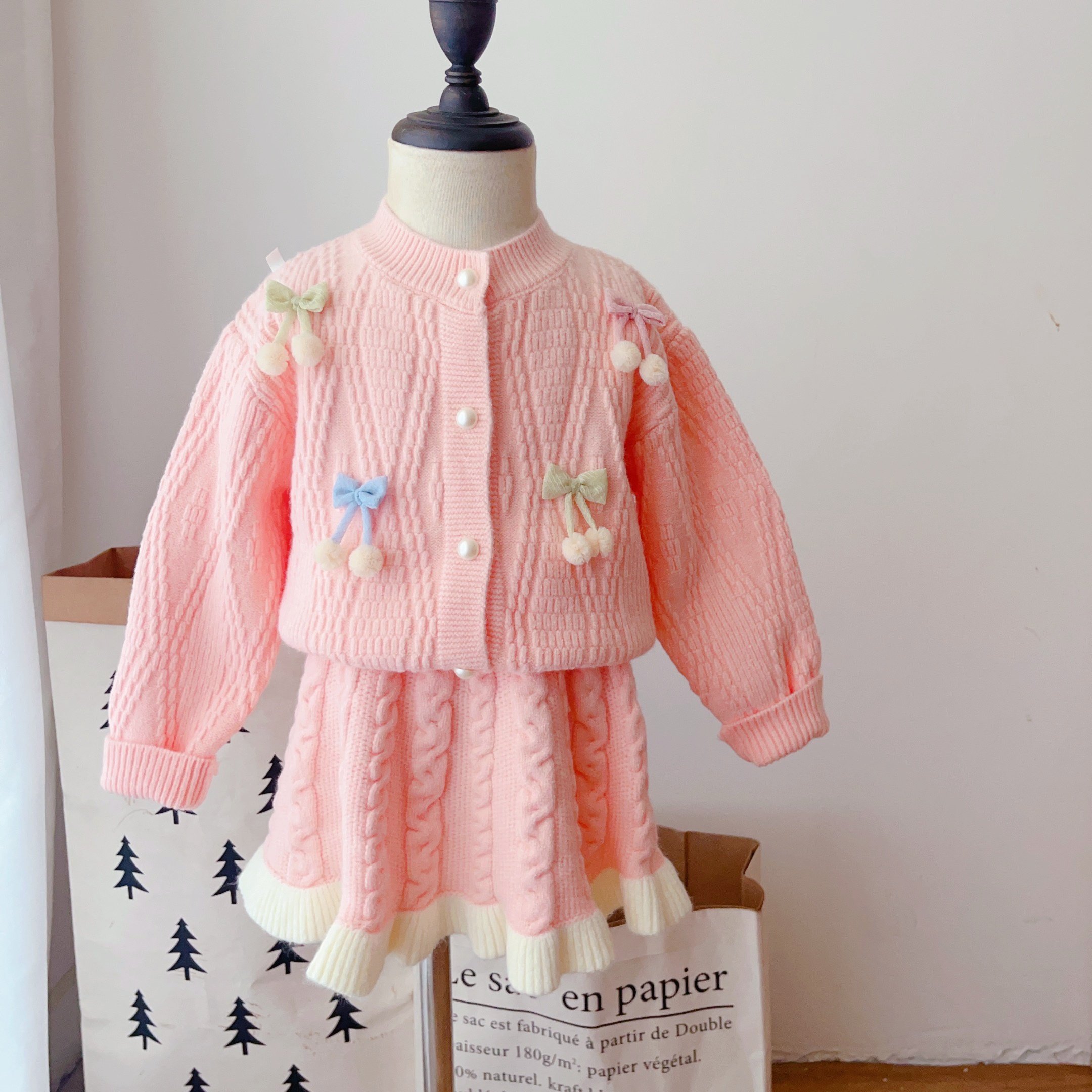 女童毛衣套装秋冬可爱樱桃外套儿童针织两件套公主裙宝宝早秋套裙