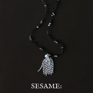 「新年礼物」原创设计橄榄珠银色流苏长项链女油蜡绳编织长毛衣链