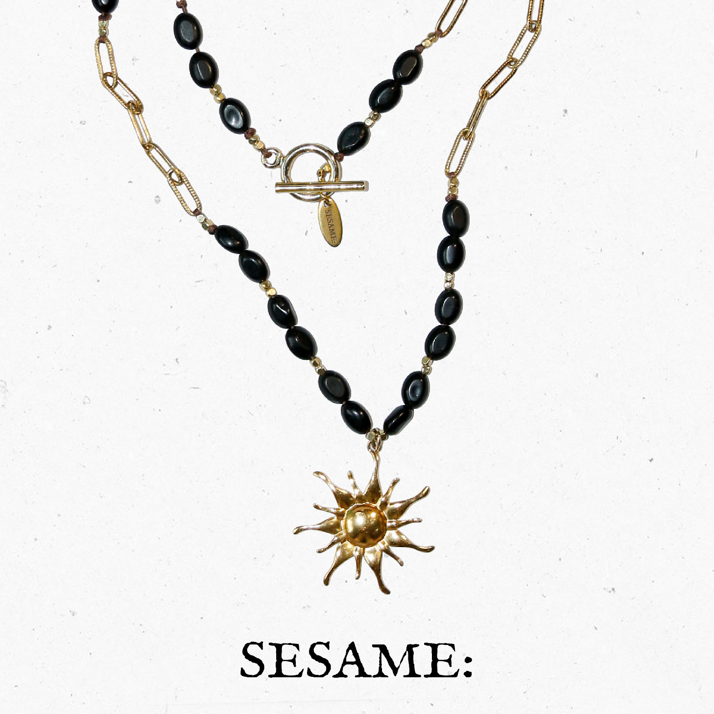飒米黑金太阳吊坠天然石甜酷叠戴长项链静奢风氛围感毛衣链
