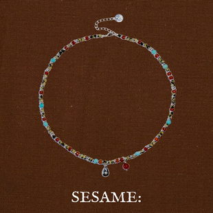 原创设计水滴红玛瑙吊坠绿松石天然石轻奢项链本命秋冬毛衣链女