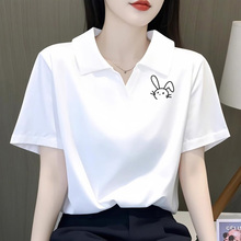 100%纯棉翻领POLO领短袖t恤女夏季爆款显瘦休闲减龄正肩白色上衣