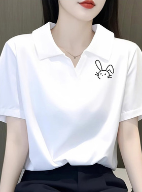 100%纯棉翻领POLO领短袖t恤女夏季爆款显瘦休闲减龄正肩白色上衣