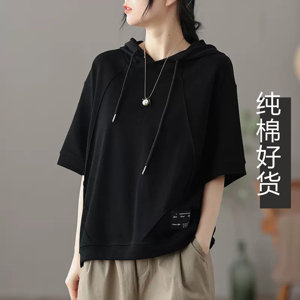 100%纯棉连帽短袖女士上衣宽松韩版百搭纯色夏季新款中袖帽子T恤
