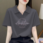 时尚 100%纯棉翻领短袖 新款 女夏季 洋气休闲外穿灰色上衣 t恤POLO衫