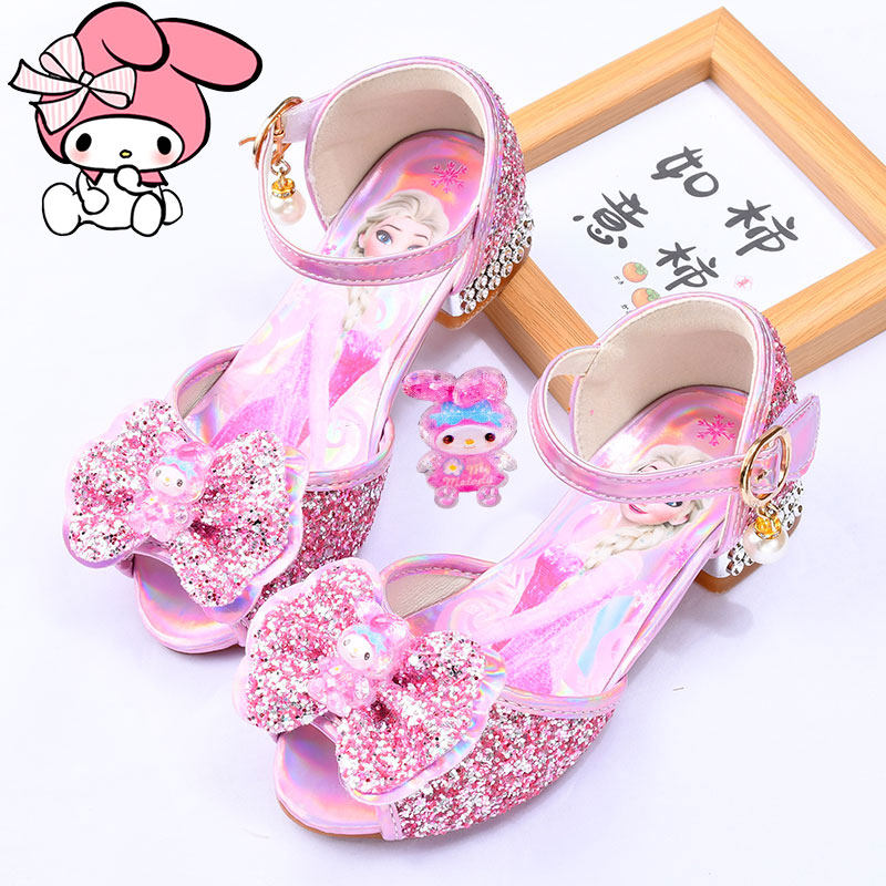 粉色美乐蒂凉鞋女童高跟鞋鱼嘴库洛米公主鞋蝴蝶结儿童蓝色爱莎鞋