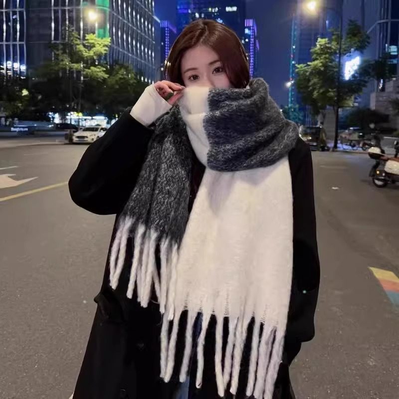 围巾女冬季韩版百搭时尚拼色条纹流苏马海毛加厚保暖学生围脖男潮