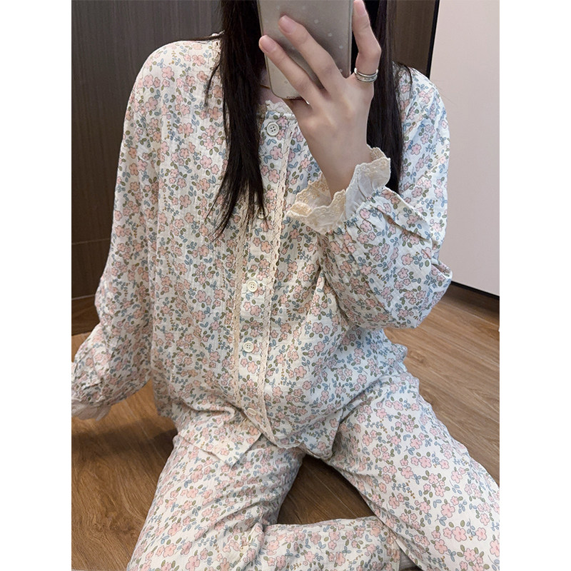日系花边碎花睡衣女婴儿棉纱