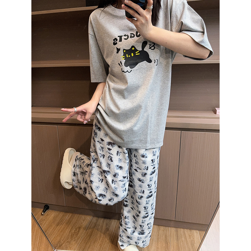 韩系卡通猫咪夏季纯棉睡衣女