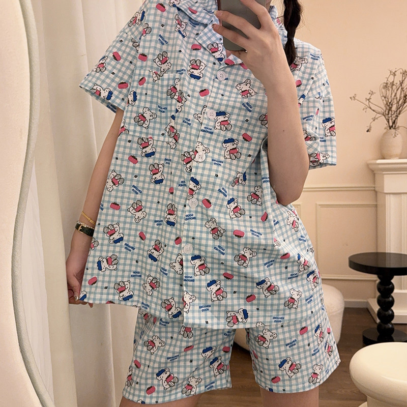 日系卡通狗狗纯棉睡衣女夏季慵懒短袖短裤薄款ins格纹家居服套装