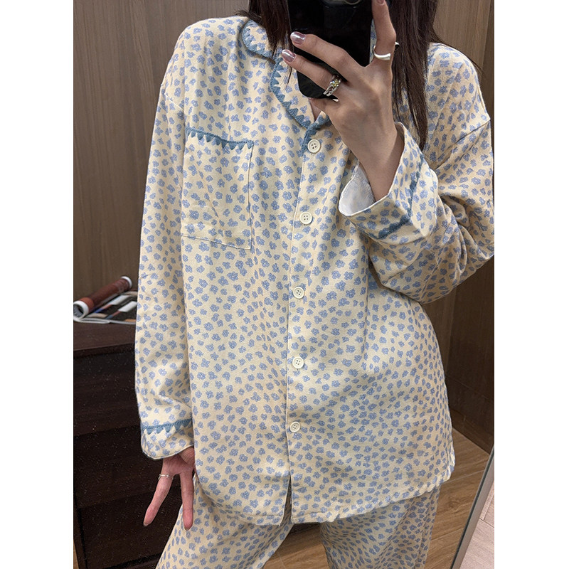 韩系碎花磨毛纯棉睡衣女春秋季甜美风长袖长裤ins开衫家居服套装