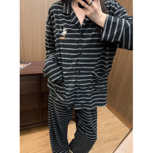 日系卡通米奇睡衣女毛巾绒长袖长裤秋冬条纹保暖情侣家居服套装
