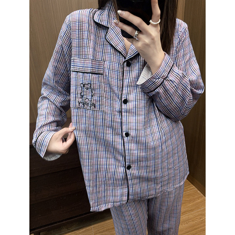 日系卡通小熊睡衣女婴儿棉纱长袖长裤春秋季格纹慵懒家居服套装,女士内衣/男士内衣/家居服,睡衣/家居服套装,淘宝优惠券,粉丝福利购,淘宝优惠卷