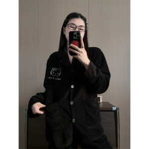 韩国凯蒂猫睡衣女澳粒绒慵懒加厚长袖长裤纯色ins毛绒秋冬家居服
