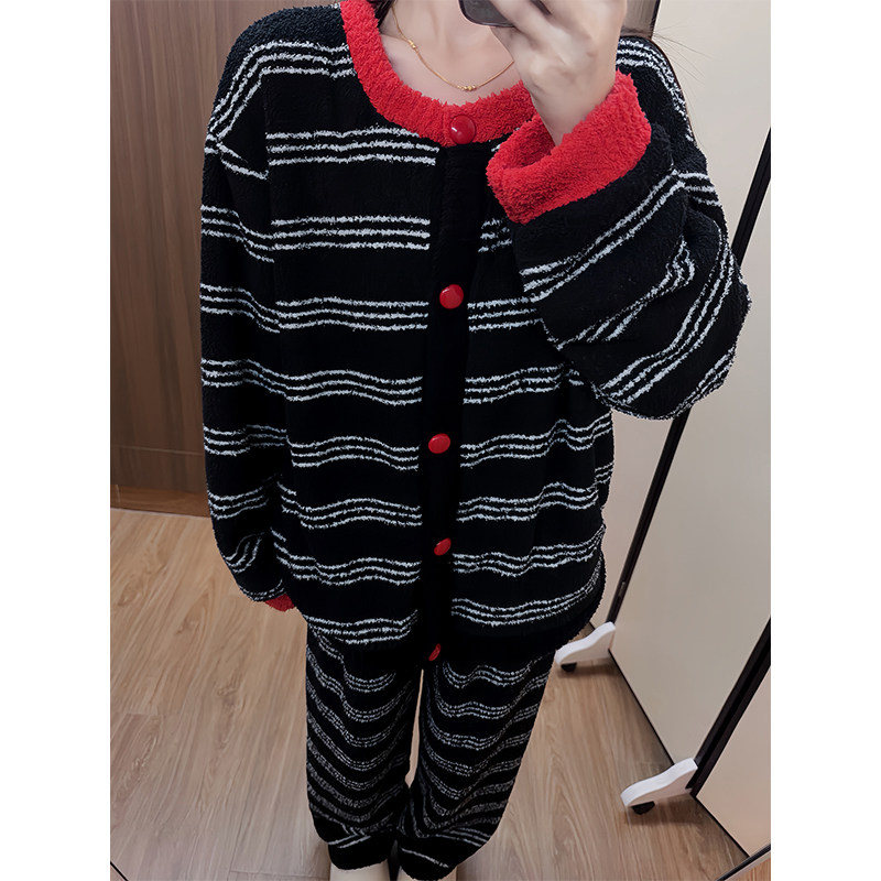 日系加厚条纹睡衣女士秋冬
