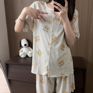 韩系卡通小熊睡衣女彩棉莫代尔短袖 短裤 V领夏季 家居服ins套装