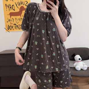 套装 韩系花边睡衣女夏季 家居服胸垫款 短裤 卡通小熊提花棉圆领短袖