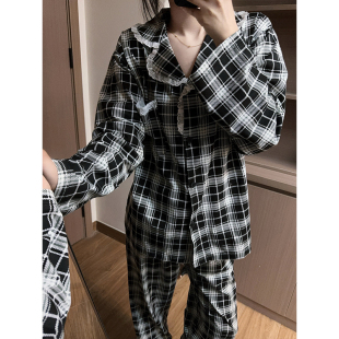 韩系格纹花边睡衣女纯棉ins氛围开衫休闲长袖长裤春秋家居服套装