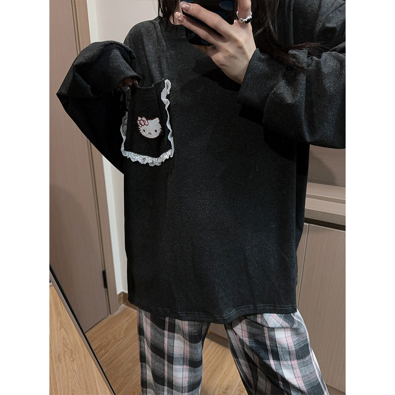日系花边凯蒂猫睡衣女春秋格纹长袖长裤人棉ins可外穿家居服套装