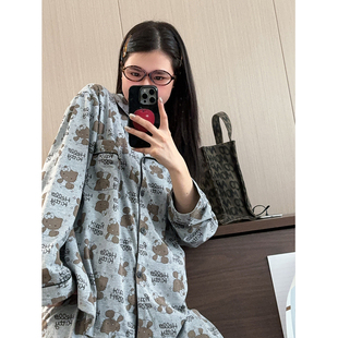 日系卡通黑皮凯蒂猫纯棉睡衣女士春秋慵懒长袖长裤ins家居服套装