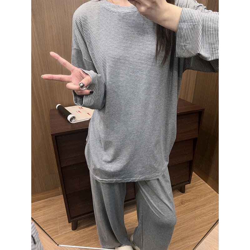 日系卡通条纹莫代尔睡衣女